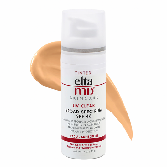 EltaMD UV Clear Sunscreen SPF 46 — white pump bottle with minimalist design, featuring a silver cap and red and gray text on the label.