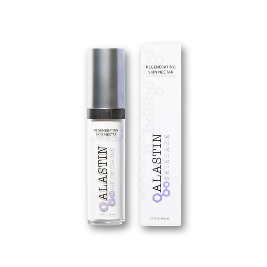 Alastin Regenerating Skin Nectar — sleek lavender-toned pump bottle with silver cap, shown upright on a clean white background.