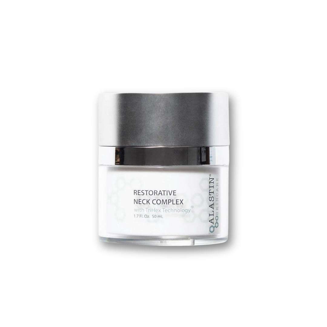 Alastin Restorative Neck Complex — sleek silver and lavender pump bottle, displayed upright on a clean white background.