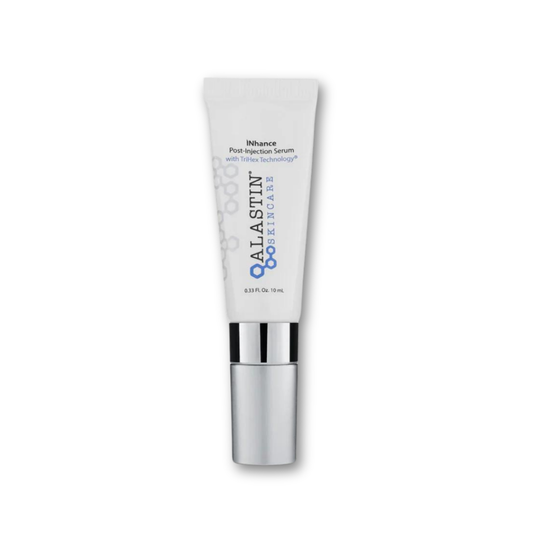 Alastin InHance Post-Injection Serum — sleek silver and white tube with cooling applicator tip, shown standing on a clean white background.