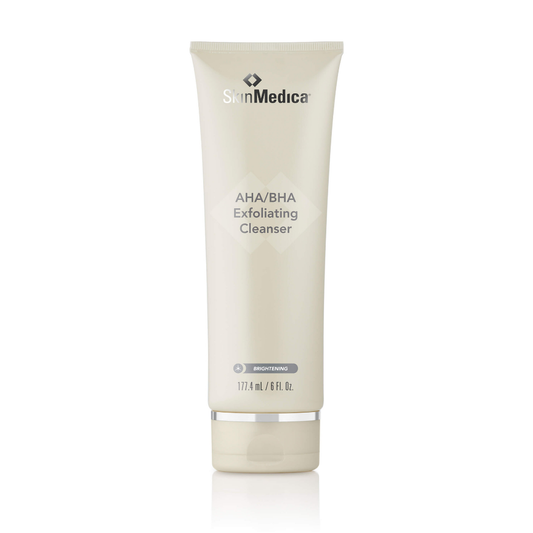 SkinMedica AHA/BHA Exfoliating Cleanser — sleek white tube with silver cap, displayed upright on a clean white background.