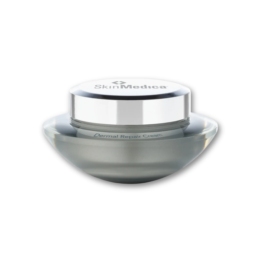 SkinMedica Dermal Repair Cream — silver and white jar with clean, clinical packaging, shown upright on a white background.