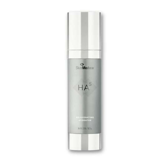 SkinMedica HA⁵® Rejuvenating Hydrator — sleek silver pump bottle with white and blue accents, displayed upright on a clean white background.