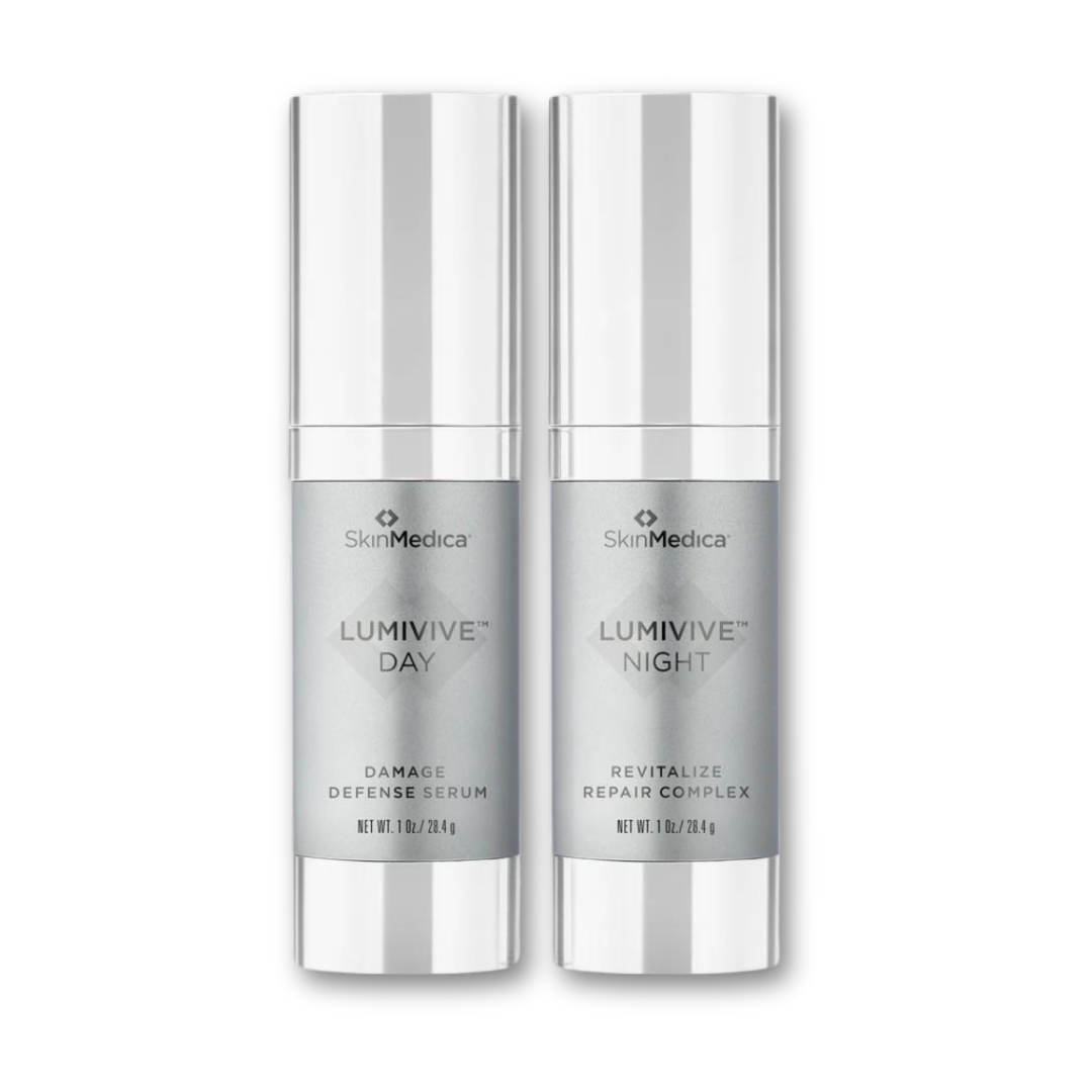 SkinMedica LUMIVIVE® System — two silver airless pump bottles labeled Day and Night, shown side-by-side on a clean white background.