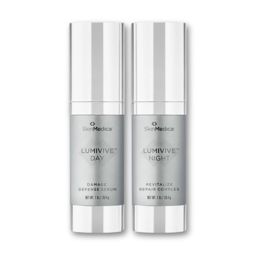 SkinMedica LUMIVIVE® System — two silver airless pump bottles labeled Day and Night, shown side-by-side on a clean white background.