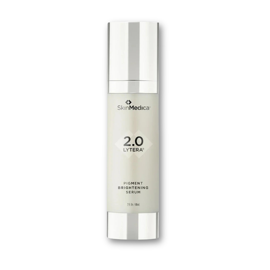 SkinMedica Lytera® 2.0 Pigment Brightening Serum — sleek white bottle with silver cap and label, displayed upright on a clean white background.