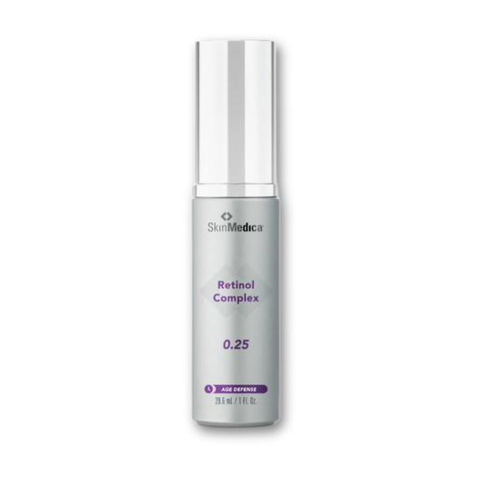 SkinMedica Retinol Complex 0.25 — sleek white and silver bottle with airless pump dispenser, displayed upright on a clean white background.
