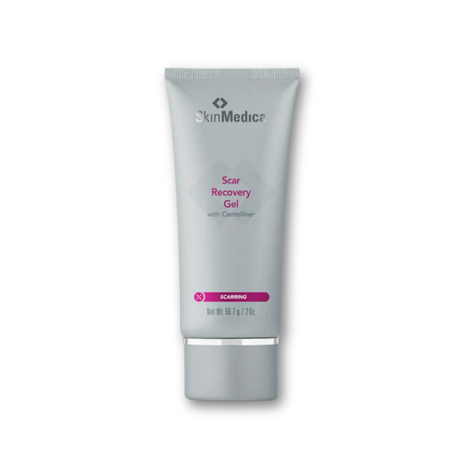 SkinMedica Scar Recovery Gel — slim silver and white tube with a clean clinical design, displayed upright on a white background.